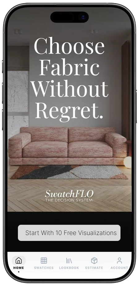 SwatchFLO home screen with blush patterned sofa